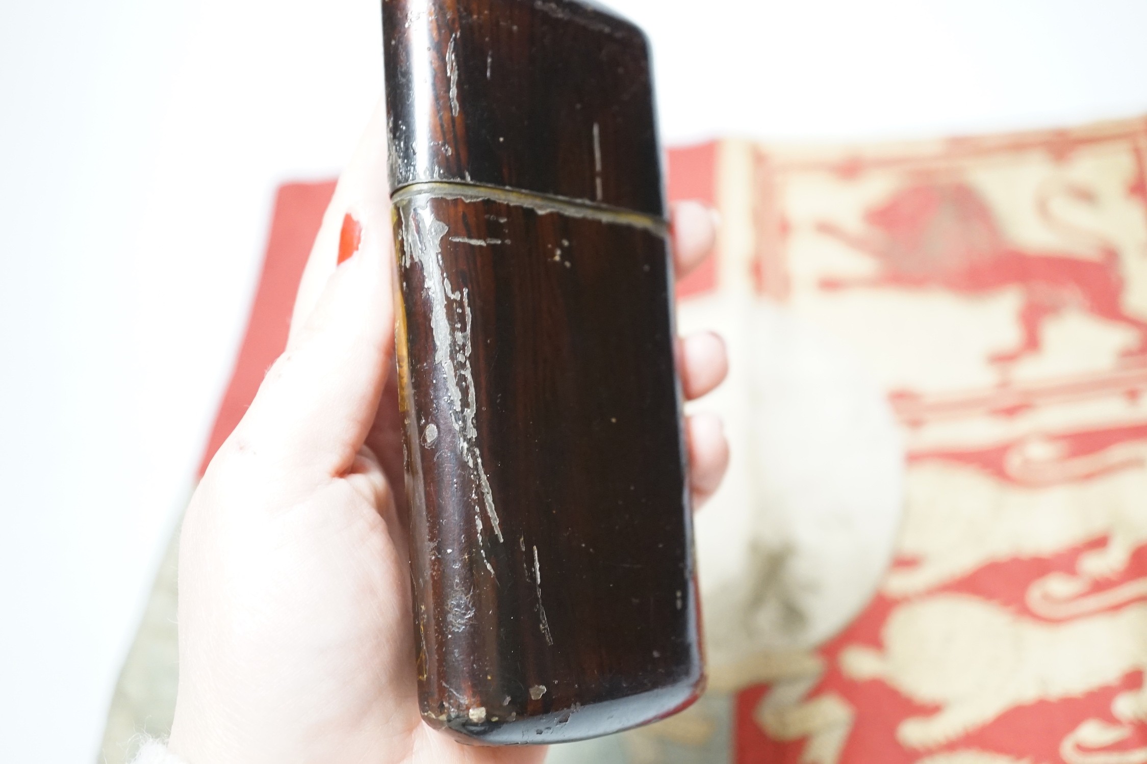 A 19th century Continental painted toleware cigar case and a Victoria Diamond Jubilee flag